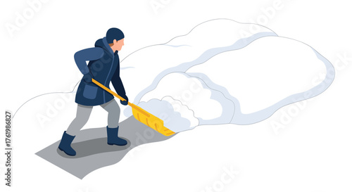 Person shoveling snow in winter season with isometric style