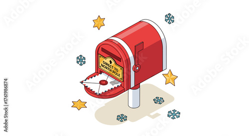 Festive holiday mailbox with north pole letter and snowflakes