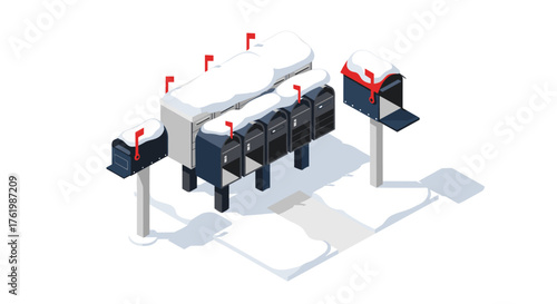 Snow-covered mailboxes in winter isometric design