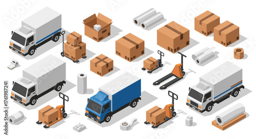 Isometric delivery and packaging elements with trucks, boxes, and pallet jacks