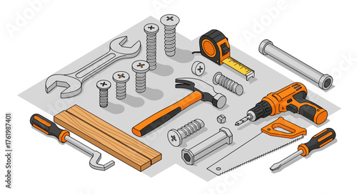 Isometric tools and hardware set featuring drill, wrench, and screws