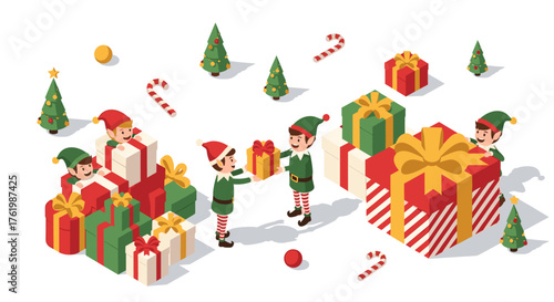 Festive christmas scene with elves and colorful gifts in isometric style