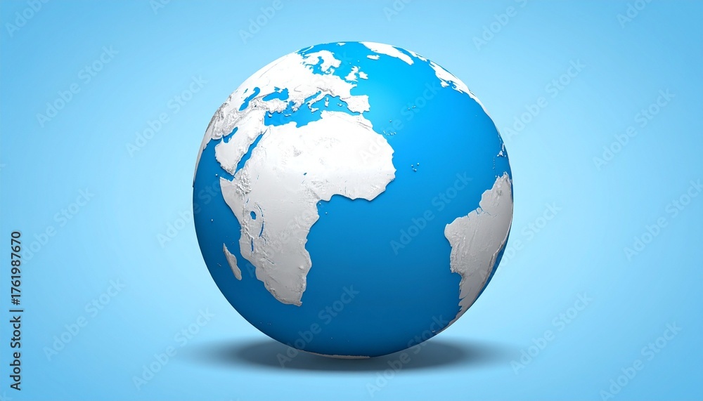 Naklejka premium 3D globe with white continents on blue ocean, set against light blue background, symbolizing global perspective.