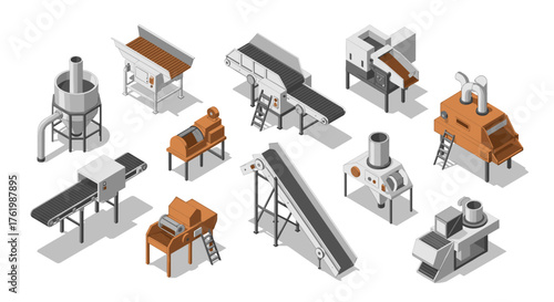 Industrial machines collection: isometric views of modern equipment