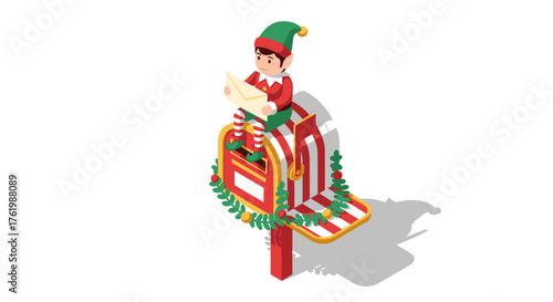 Isometric festive elf reading letter on christmas mailbox with garland