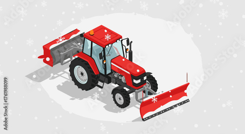 Isometric red snowplow tractor on winter background with snowflakes