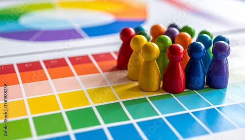 Colorful pawns on a color grid with circular wheel, symbolizing visual harmony and diversity.