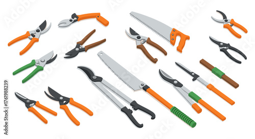 Isometric garden tools set with clippers, saws, and shears for landscaping and pruning