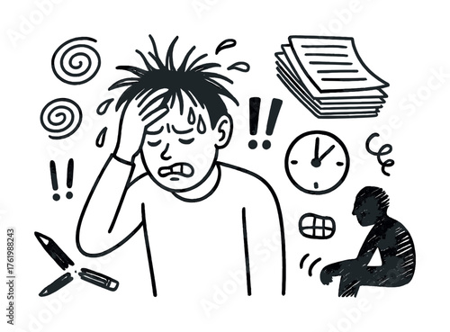Stressed male handling overwork and deadlines with doodles of stressors