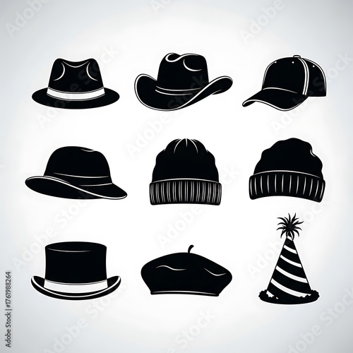 Diverse Hat Collection - A Stylish Array of Headwear Silhouettes.