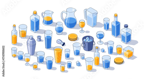 Isometric beverage glassware collection with blue and orange tones