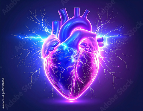 Electric, glowing, stylized human heart with bright blue/purple aura