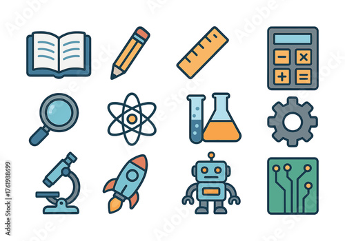 Science and technology icons: book, pencil, ruler, calculator, atom, microscope, rocket, and robot