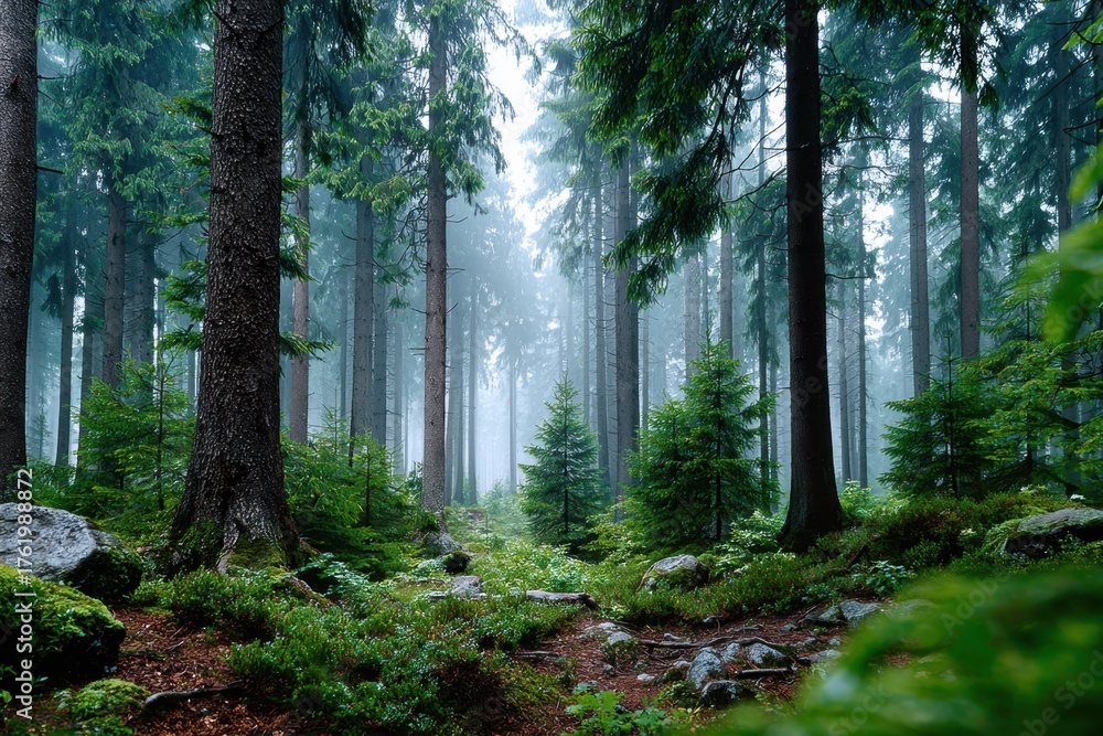 Fototapeta premium Misty Forest Path with Tall Evergreen Trees