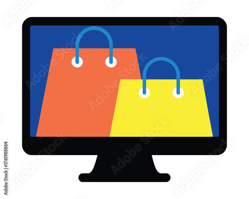 Computer screen displaying two shopping bags orange and yellow monitor online shopping