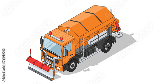 Isometric snow plow truck with orange salt spreader on white background