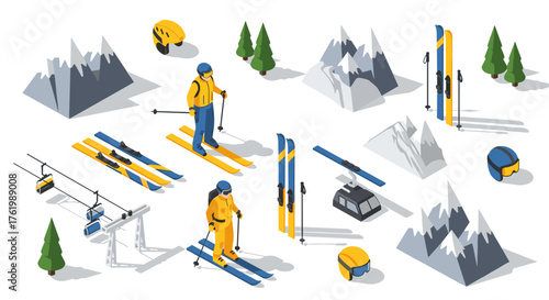 Isometric winter sports scene with skiers, equipment, and mountains