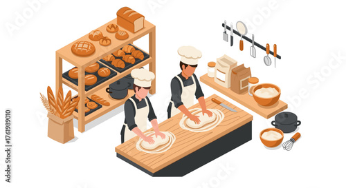 Isometric bakery scene with chefs kneading dough in kitchen setting