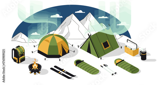 Camping equipment in mountain landscape with northern lights