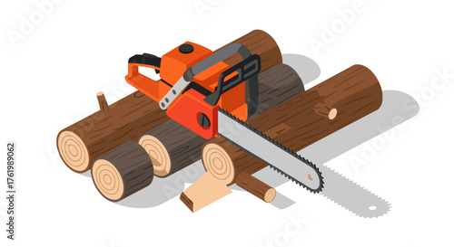 Isometric chainsaw cutting logs: detailed lumber equipment on white background