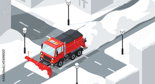 Isometric red snowplow clearing snow in urban winter scene