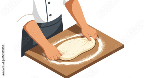 Baking preparation with chef kneading dough on wooden board