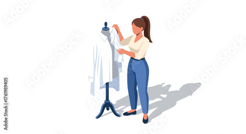 Isometric fashion designer adjusting shirt on mannequin in modern studio setting