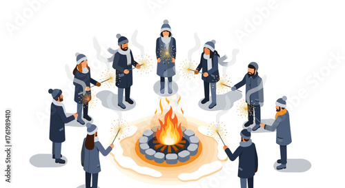 Winter gathering with sparklers around bonfire in isometric style