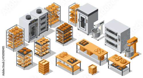 Isometric bakery equipment and bread on tables and racks