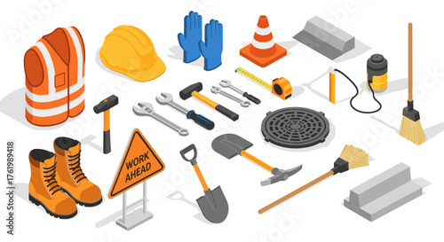 Construction tools and safety equipment in isometric design