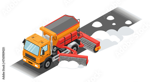 Isometric snow plow truck clearing snow from road in winter