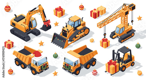 Festive construction vehicles with christmas gifts and decorations in isometric style