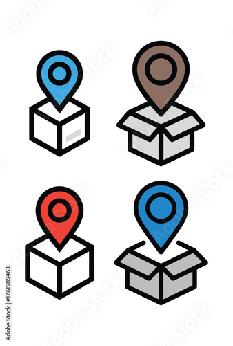 Four location pin icons above stylized boxes in blue brown red map marker package