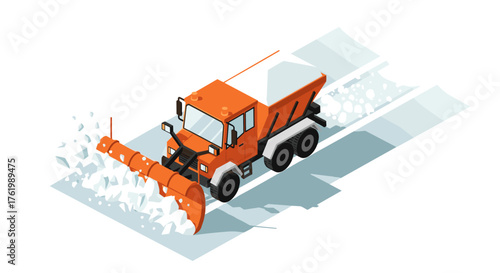 Isometric snowplow truck clearing snow on winter road