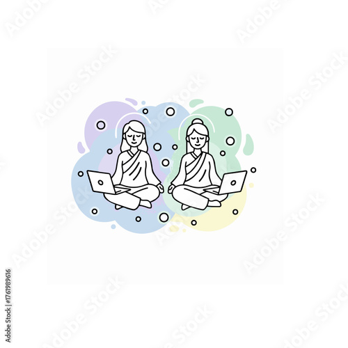 Two figures meditating with laptops, representing mindfulness in the digital age