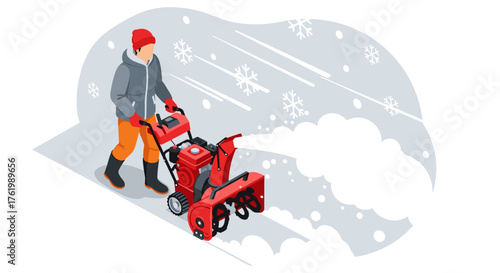 Isometric winter scene: person operating snow blower in snowy weather