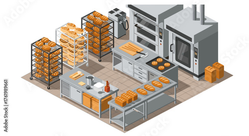 Modern bakery kitchen with industrial baking equipment in isometric view