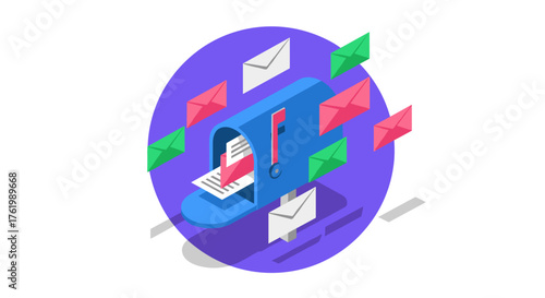Isometric mailbox with colorful envelopes and notification alert in digital communication concept