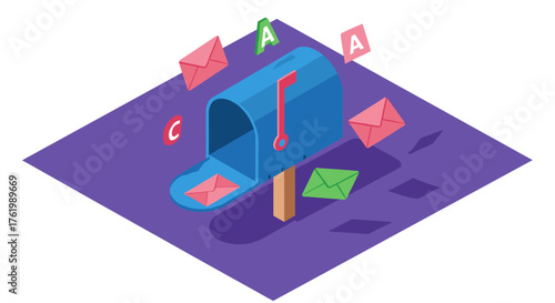 Isometric mailbox with envelopes on purple surface