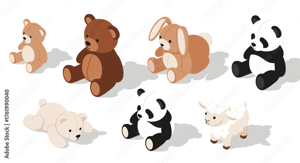 Fototapeta premium Charming isometric animal toys featuring bears, panda, rabbit, and sheep