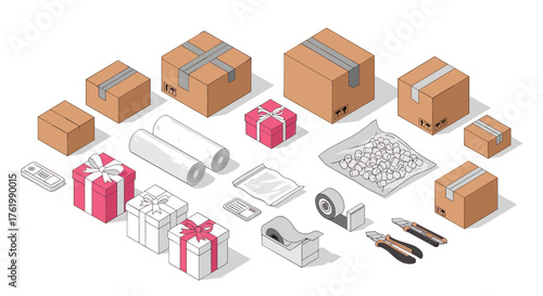 Isometric packaging supplies with boxes, gifts, and tools