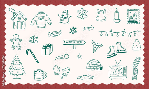 winter doodle illustration scrabble hand drawn vector set