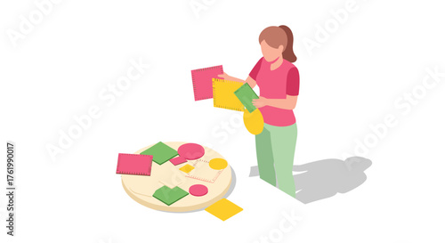 Woman engaging in geometric puzzle activity in isometric style