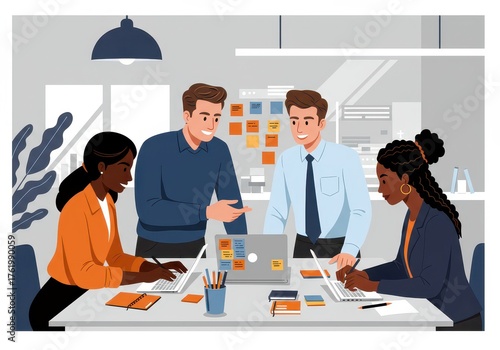Diverse business professionals collaborating in a modern office, sharing innovative ideas and working together on a project, demonstrating effective teamwork and strategic planning