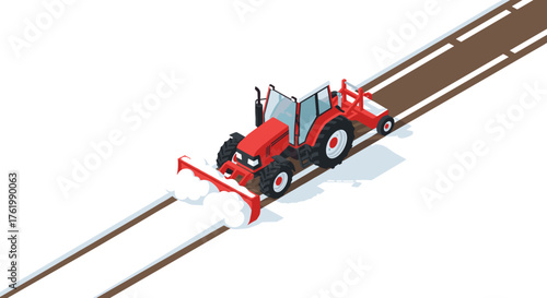 Isometric red tractor clearing snow on rural road in winter landscape
