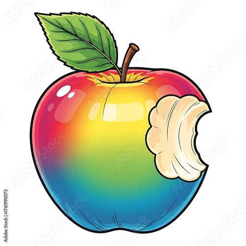 Rainbow Apple with Bite - Colorful Fruit Illustration.