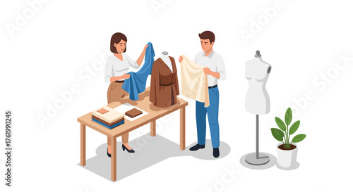 Fashion designers collaborating on new outfit in studio with mannequins and fabric