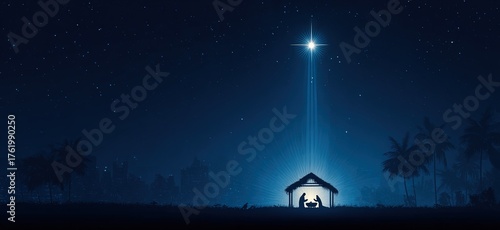 Night scene of Jesus' birth under a bright Star of Bethlehem, with blue tones evoking peace, hope, and Christmas spirituality. For seasonal print campaigns, postcards, or advertising backgrounds.