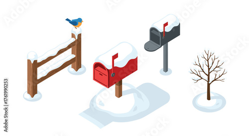 Winter mailbox scene with snow-covered fence and tree in isometric design