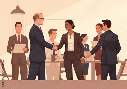 Diverse business professionals shaking hands in a modern office, celebrating a successful partnership agreement and corporate collaboration